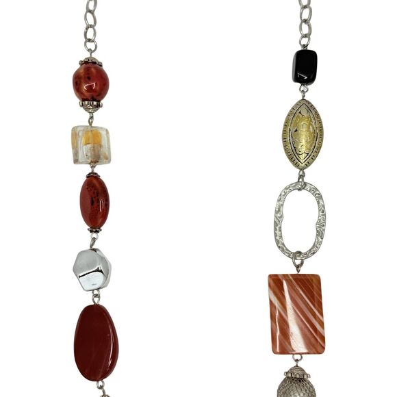 Glass Beaded Long Necklace 33" Silver Tone Boho Chic Bohemian - Picture 6 of 9